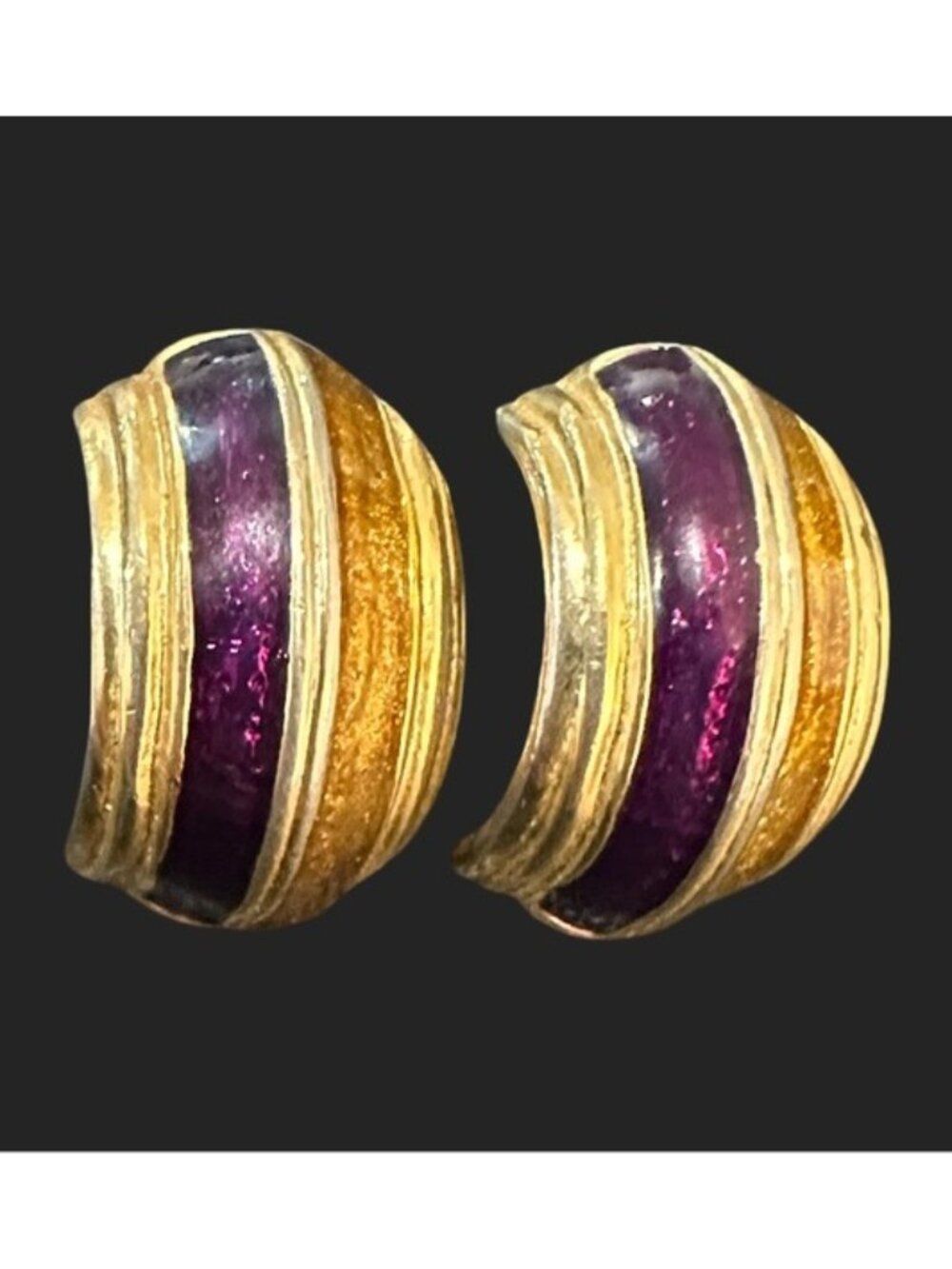 Vintage 80s 90s Half Hoop Earring Enamel Inlay Gold Tone Purple Shimmer